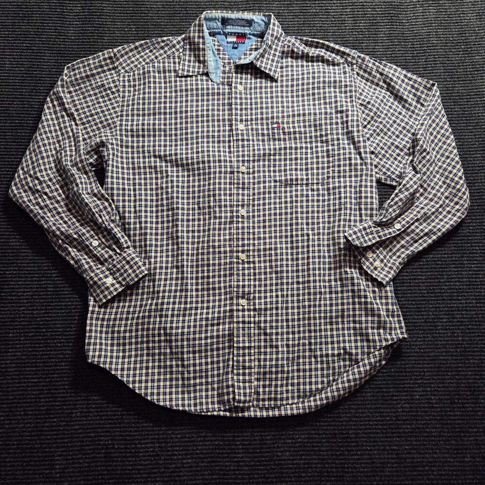 Vintage 1999 Tommy Hilfiger Plaid Shirt Men's Medium 90s Streetwear Navy Yellow